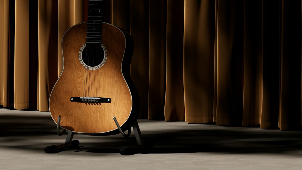 Une guitare classique posée sur un stand dans une pièce peu éclairée.