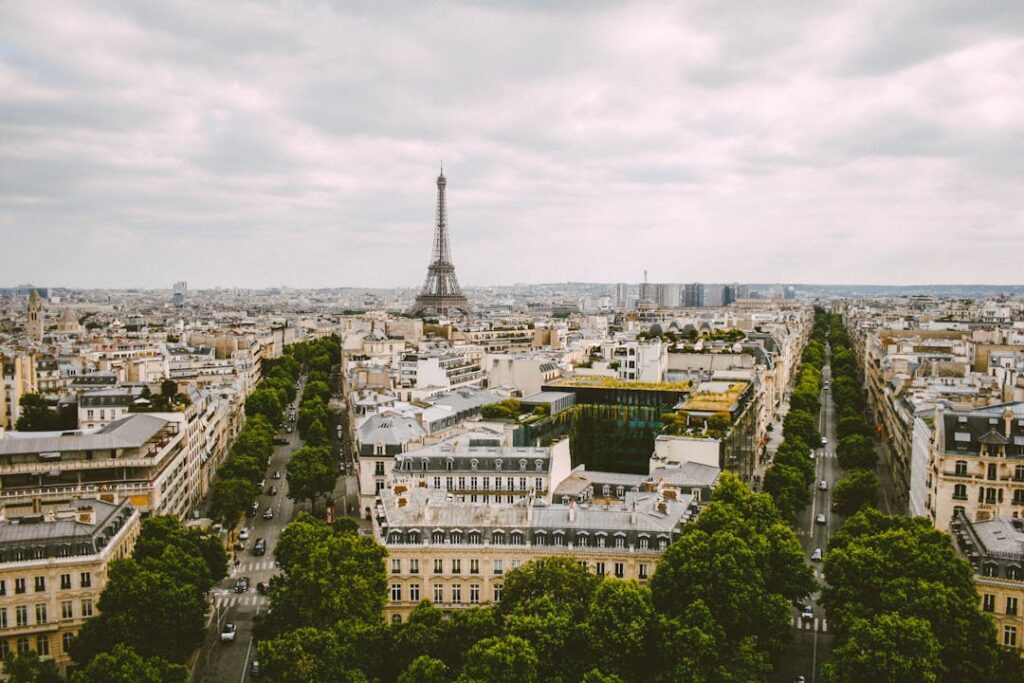 Vue aérienne des toits de Paris avec la Tour Eiffel à l'horizon.