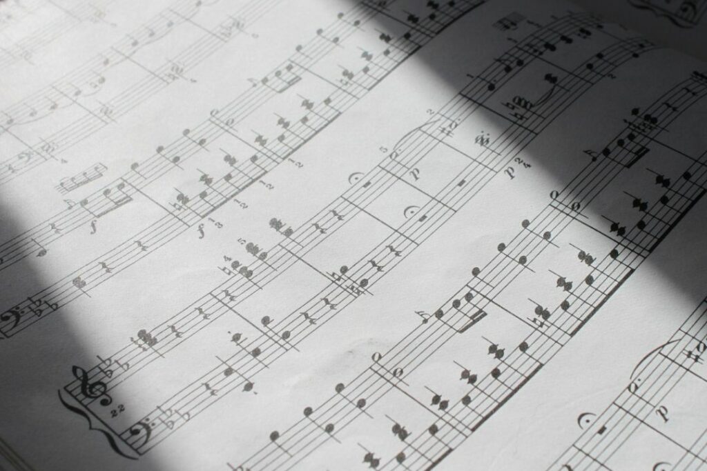 Vue d'une partition de piano assez complexe.